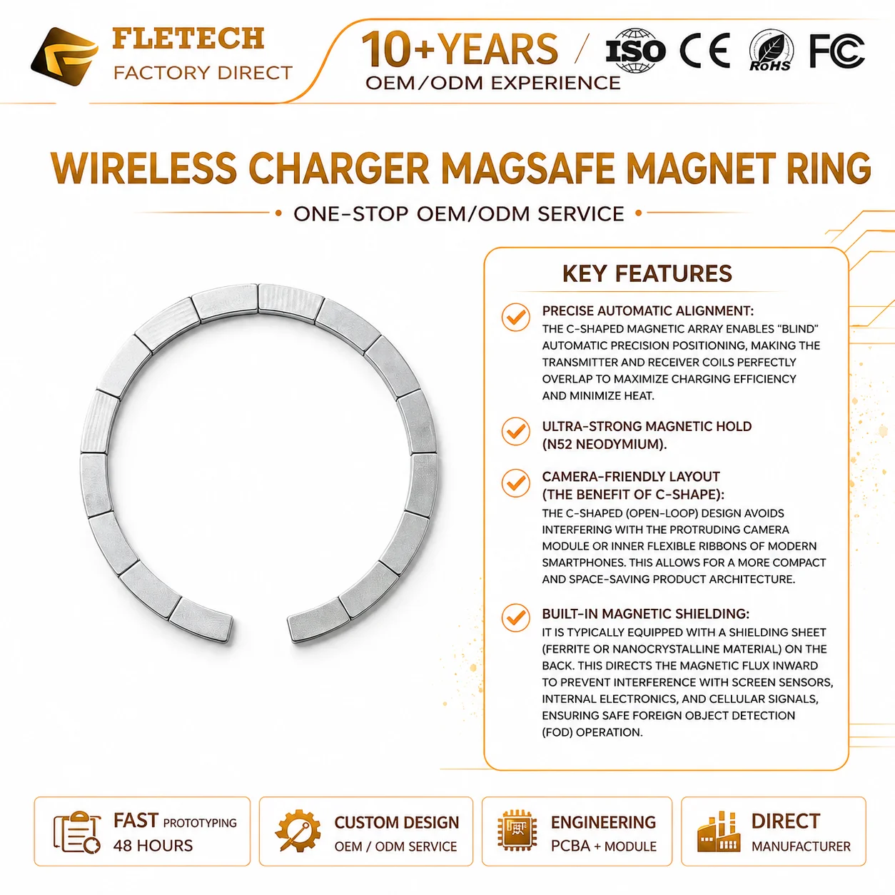 N52 Neodymium C-Shape MagSafe Magnet Ring Strong Segmented Magnetic Array for Qi2 Wireless Charger Magnetic Car Mount Stand DIY
N52 Neodymium C-Shape MagSafe Magnet Ring Strong Segmented Magnetic Array for Qi2 Wireless Charger Magnetic Car Mount Stand DIY