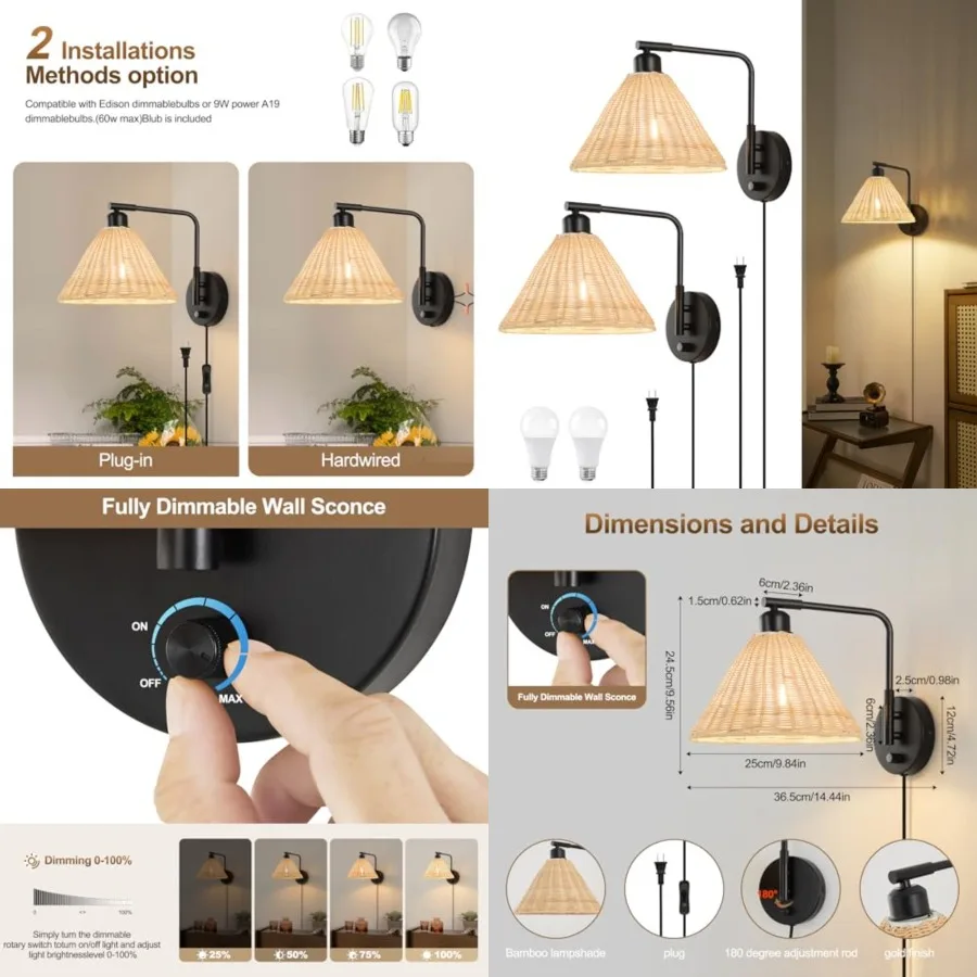 Plug in Wall Sconces Set of 2, Rattan Wall Lamps with Cord and Dimmer Switch, Swing Arm Wall Mounted Bedside Lamps for Bedroom,
Plug in Wall Sconces Set of 2, Rattan Wall Lamps with Cord and Dimmer Switch, Swing Arm Wall Mounted Bedside Lamps for Bedroom,