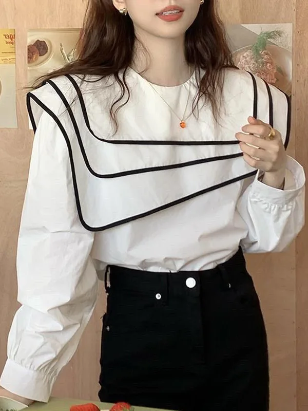 Chic Loose Long Sleeve Navy Collar Shirt Asymmetrical Design Color Block Treatment Casual Female Fashion Autumn Top
Chic Loose Long Sleeve Navy Collar Shirt Asymmetrical Design Color Block Treatment Casual Female Fashion Autumn Top