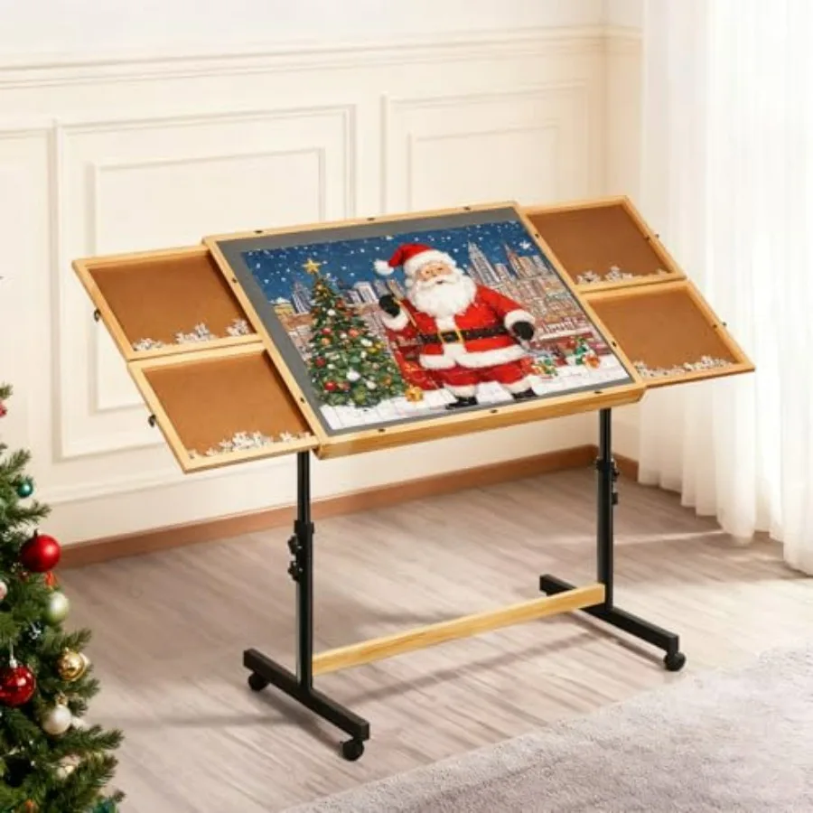 Portable solid wood jigsaw puzzle table with drawers and lockable wheels, tilting 0-90 adjustable board for 1500-piece puzzles,
Portable solid wood jigsaw puzzle table with drawers and lockable wheels, tilting 0-90 adjustable board for 1500-piece puzzles,