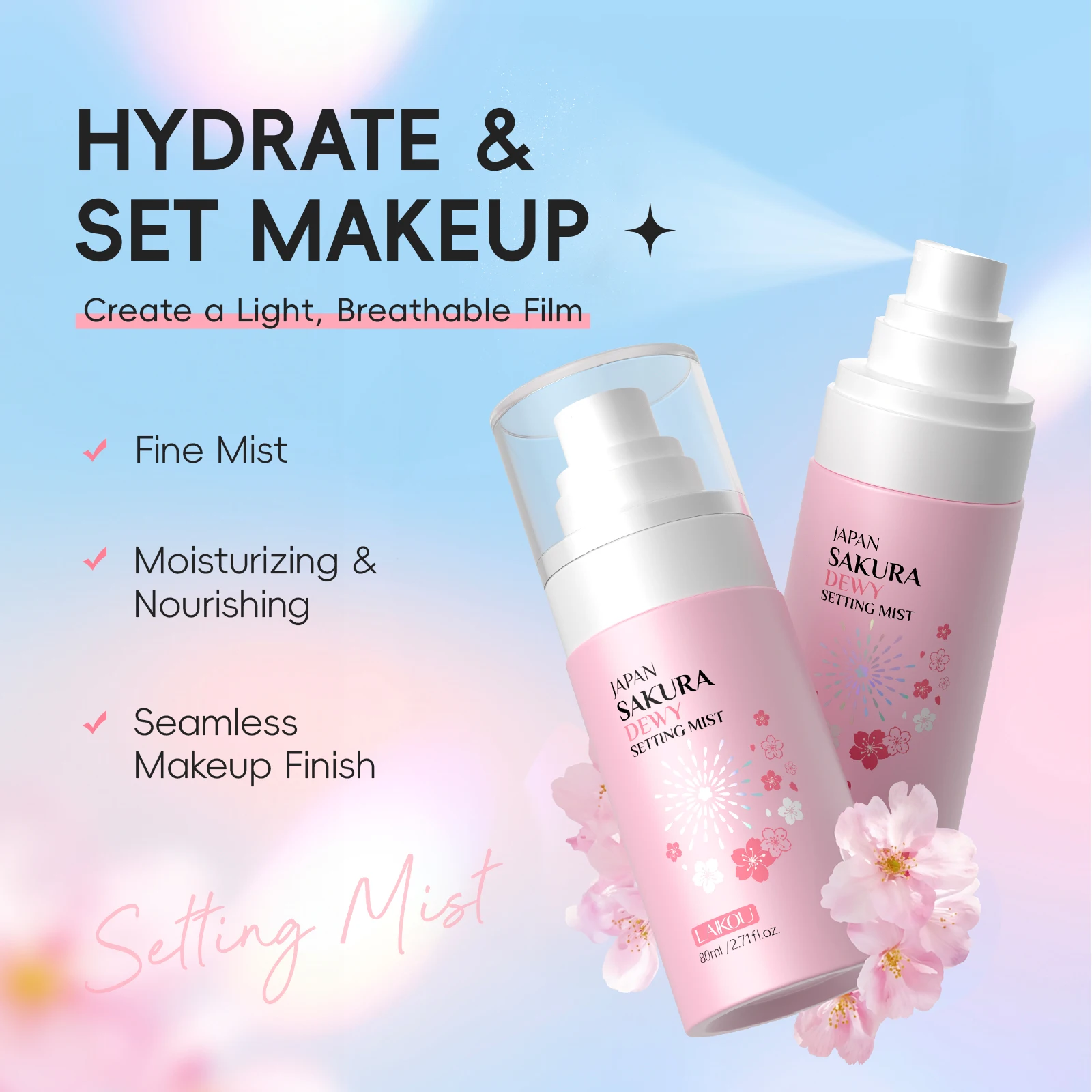 LAIKOU Japan Sakura Dewy Setting Mist Makeup Setting Spray Hydrating Face Mist Radiant Glow Finishing Spray 80ml
LAIKOU Japan Sakura Dewy Setting Mist Makeup Setting Spray Hydrating Face Mist Radiant Glow Finishing Spray 80ml