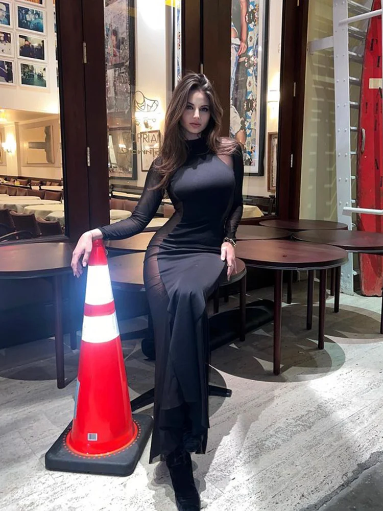 Fashion Sexy Patchwork Mesh Women Dresses Streetwear Regular Casual Solid Long Sleeve O-neck Slim Sheath Split Vestidos Robes
Fashion Sexy Patchwork Mesh Women Dresses Streetwear Regular Casual Solid Long Sleeve O-neck Slim Sheath Split Vestidos Robes