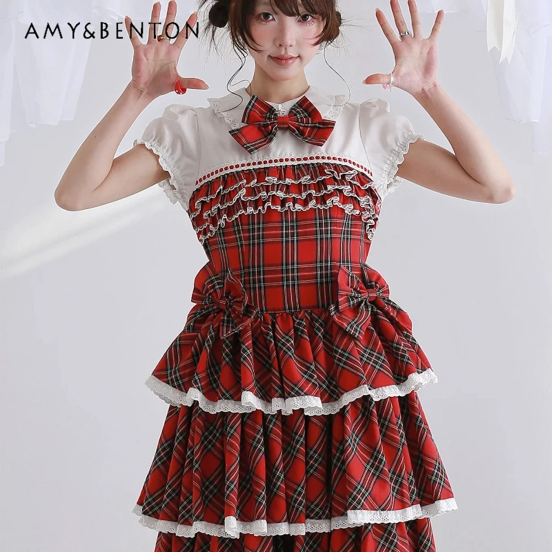 Original Retro Design Japanese Red Plaid Lace Splicing Women's Dress 2026 Summer New Cute Lolita Sweet Girl Cake Dress Ladies
Original Retro Design Japanese Red Plaid Lace Splicing Women's Dress 2026 Summer New Cute Lolita Sweet Girl Cake Dress Ladies
