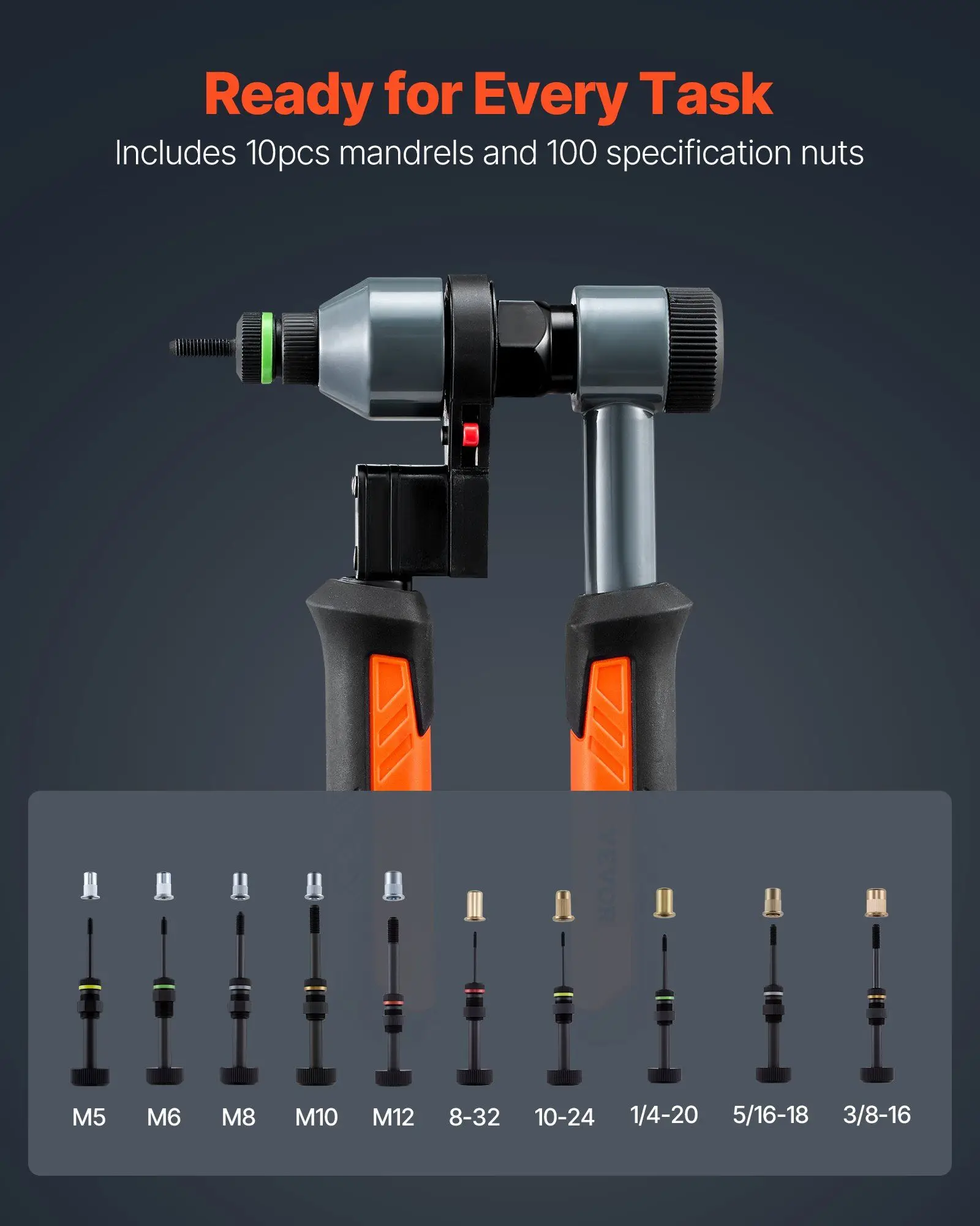 Rivet Nut Tool Kit, 9-Inch Ratchet Rivnut Tool Kit, with 10 Mandrels and 100 Nuts, Metric and SAE Size M5, M6, M8, M10, M12,
Rivet Nut Tool Kit, 9-Inch Ratchet Rivnut Tool Kit, with 10 Mandrels and 100 Nuts, Metric and SAE Size M5, M6, M8, M10, M12,