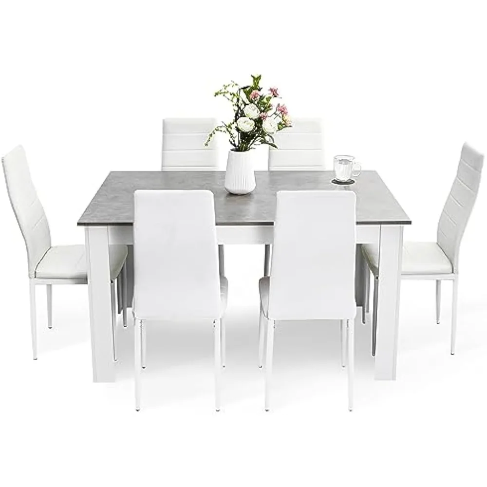 Dining Table and Chairs Set 6, 7 Pieces Kitchen Table Set with High Back Faux Leather Chair for Dining Room Kitchen Rectangular
Dining Table and Chairs Set 6, 7 Pieces Kitchen Table Set with High Back Faux Leather Chair for Dining Room Kitchen Rectangular