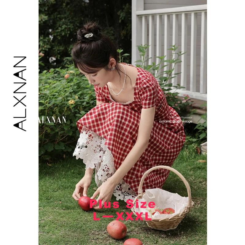 ALXNAN Plus Size Red Plaid Dress with Lace Patchwork Elegant Long Women's Dresses Summer Fashion Square Neck Dress Female D10195
ALXNAN Plus Size Red Plaid Dress with Lace Patchwork Elegant Long Women's Dresses Summer Fashion Square Neck Dress Female D10195