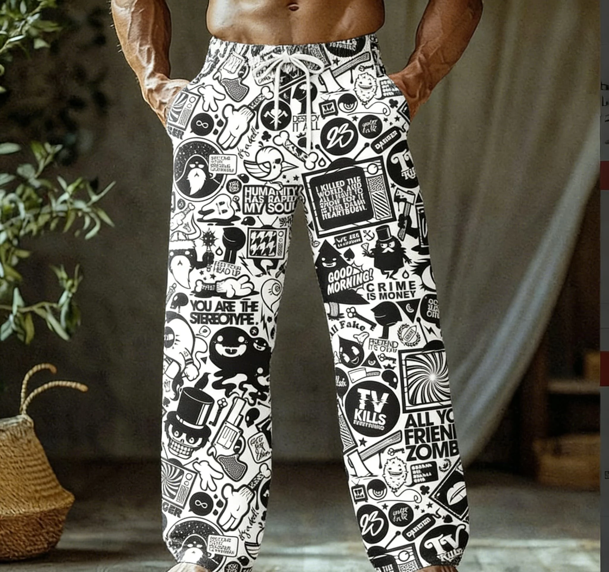 Мужские летние тонкие повседневные брюки с широкими штанинами и ретро-принтом в черно-белом стиле граффити
Мужские летние тонкие повседневные брюки с широкими штанинами и ретро-принтом в черно-белом стиле граффити