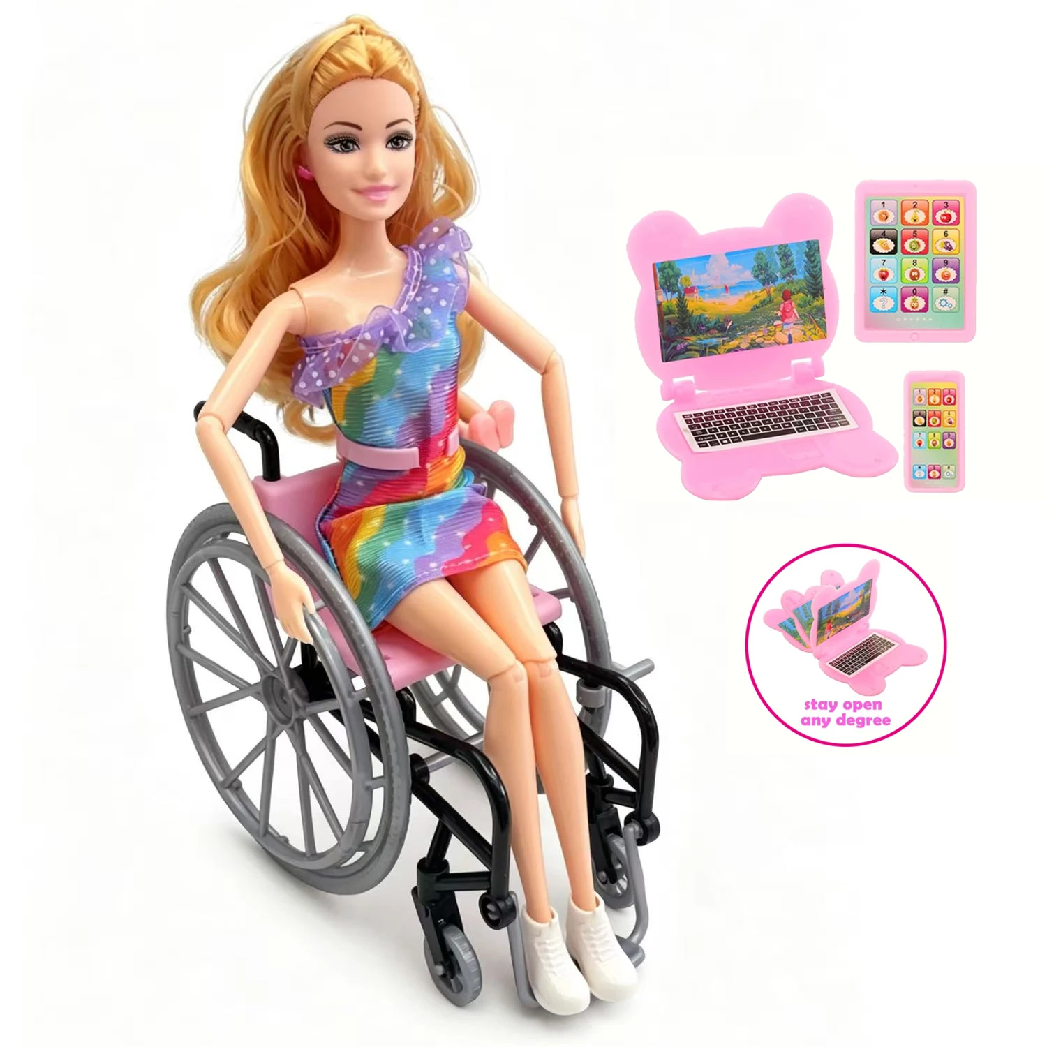 Doll Wheelchair Set, Articulated Joints Rainbow Skirt Fashion Princess Doll Pretend Play Toy with Realistic Wheelchair Gift Toy
Doll Wheelchair Set, Articulated Joints Rainbow Skirt Fashion Princess Doll Pretend Play Toy with Realistic Wheelchair Gift Toy
