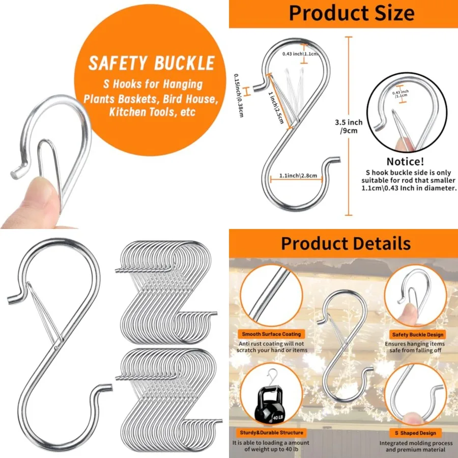 48 Pcs S Hooks for Hanging with Safety Buckle, 3.5 Inch Heavy Duty Stainless Steel S Shaped Hooks for Kitchen Utensils, Cups, Pots, Plants, Bags, Hats, Silver
48 Pcs S Hooks for Hanging with Safety Buckle, 3.5 Inch Heavy Duty Stainless Steel S Shaped Hooks for Kitchen Utensils, Cups, Pots, Plants, Bags, Hats, Silver