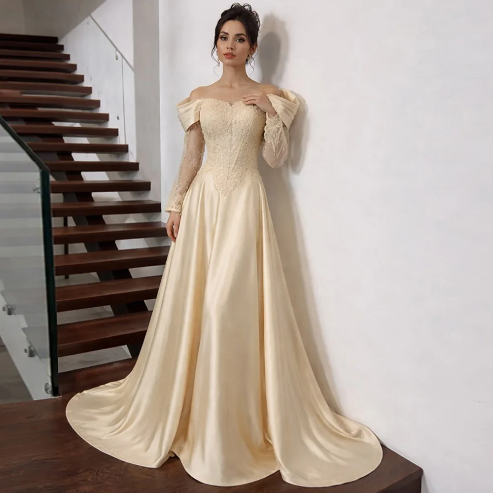 Customized Off the Shoulder Long Sleeves Evening Dress Delicate Appliques Celebrity Gowns Elegant A-Line Lace Up Back Prom Dress
Customized Off the Shoulder Long Sleeves Evening Dress Delicate Appliques Celebrity Gowns Elegant A-Line Lace Up Back Prom Dress