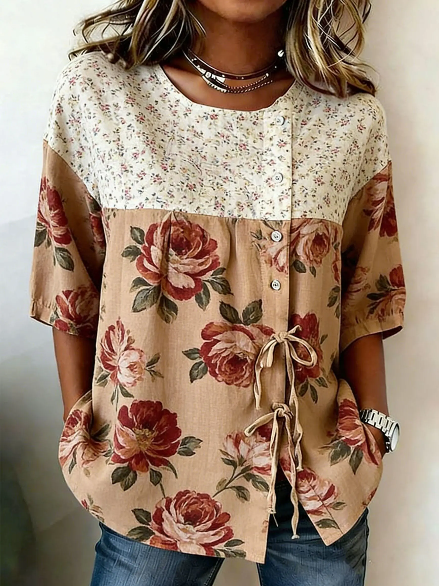 Women's Two-Tone Floral Print Drawstring Button Up Blouse, Casual Round Neck Tops for Spring Summer Daily Vacation Wear
Women's Two-Tone Floral Print Drawstring Button Up Blouse, Casual Round Neck Tops for Spring Summer Daily Vacation Wear