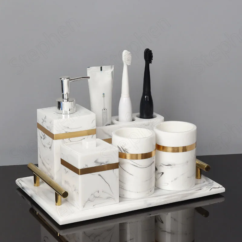 Marble Texture Resin Bathroom Decoration Accessories European Modern Golden Stroke Five Piece Shower Accessories Home Decoration
Marble Texture Resin Bathroom Decoration Accessories European Modern Golden Stroke Five Piece Shower Accessories Home Decoration