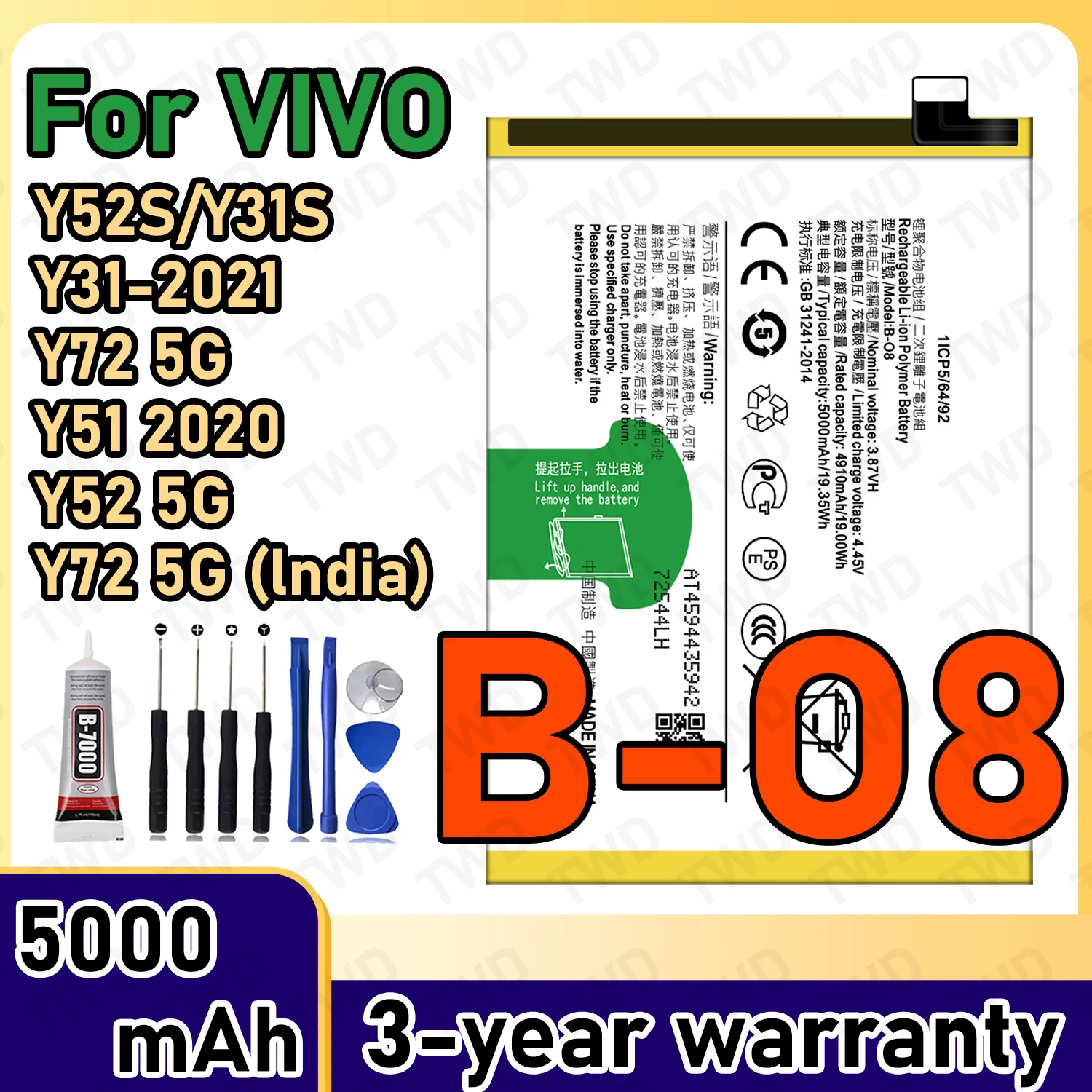 B-O8 Large capacity 5000mAh Battery For VIVO Y52S/Y31S/Y31-2021/Y72 5G/Y51 2020/Y52 5GBatteries New High Quanlity+Free Tools
B-O8 Large capacity 5000mAh Battery For VIVO Y52S/Y31S/Y31-2021/Y72 5G/Y51 2020/Y52 5GBatteries New High Quanlity+Free Tools