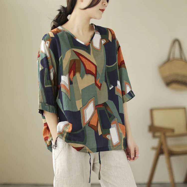 Loose Women's T-shirt Summer New Style Large Size Cotton Linen Print Fashion Base Shirt V-neck Short Sleeve Geometric Pattern
Loose Women's T-shirt Summer New Style Large Size Cotton Linen Print Fashion Base Shirt V-neck Short Sleeve Geometric Pattern