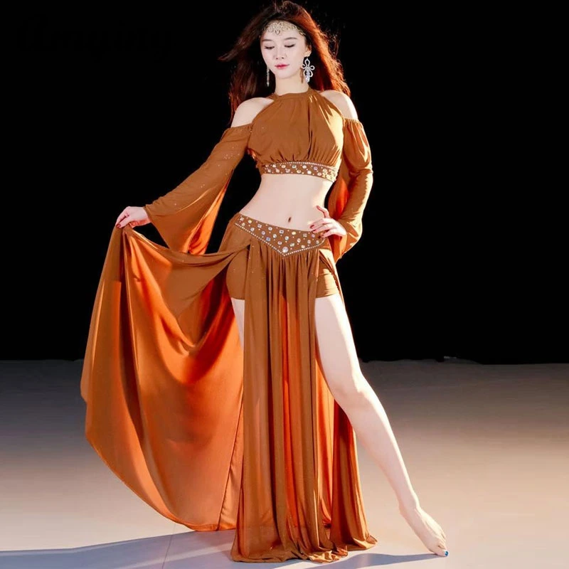 Adult Stage Performance Costume Sequins Belly Dance Practice Clothing Women Off Shoulder Long Flared Sleeve Top and Slit Skirt
Adult Stage Performance Costume Sequins Belly Dance Practice Clothing Women Off Shoulder Long Flared Sleeve Top and Slit Skirt