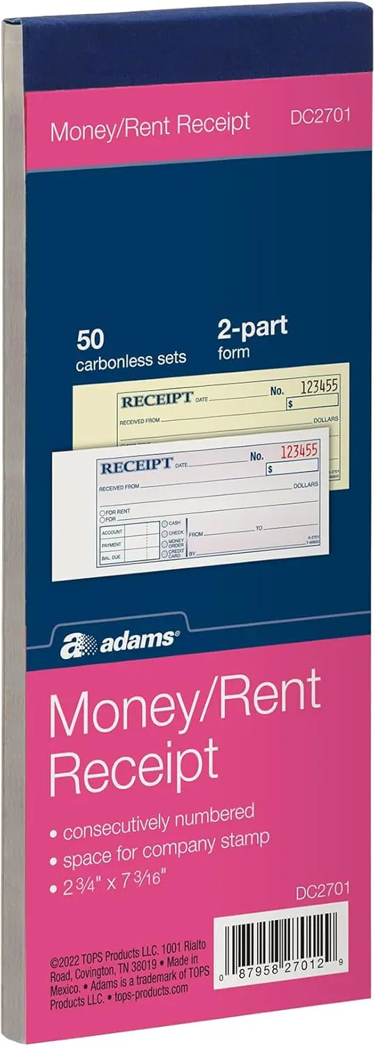 Money & Rent Receipt Book, 2-Part Carbonless, 2.75x7.19 Inch, 50 Sets, White/Canary
Money & Rent Receipt Book, 2-Part Carbonless, 2.75x7.19 Inch, 50 Sets, White/Canary