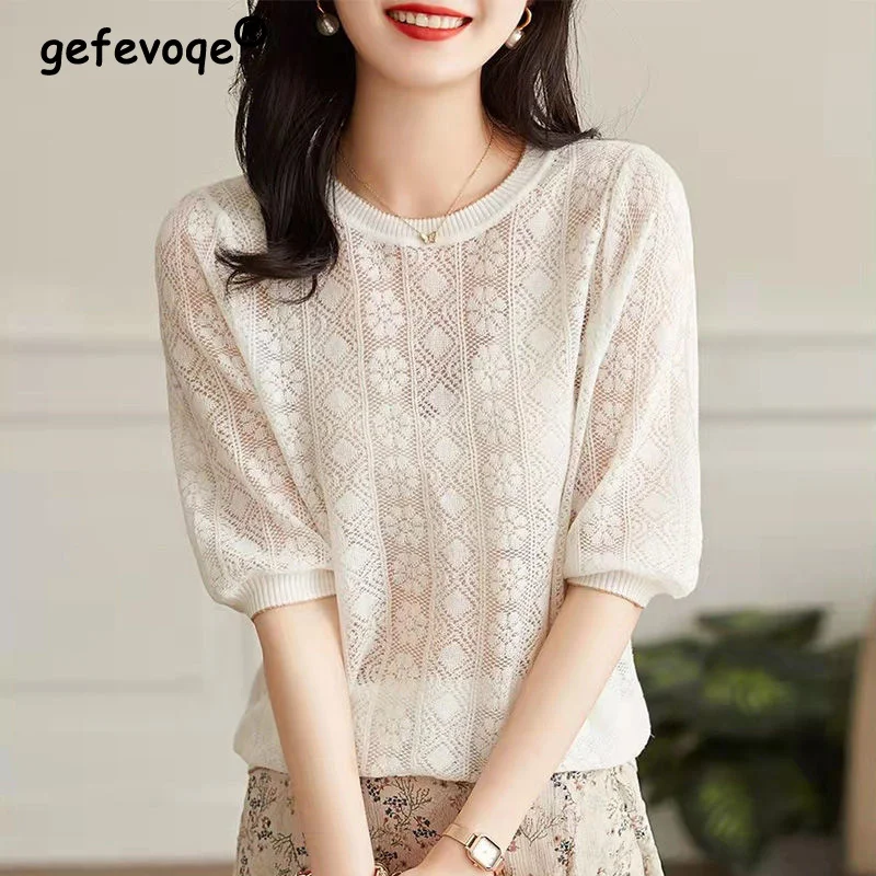 Summer Sexy Hollow Out Elegant Knitted Chic Pullover Loose Top Female Casual Solid Half Sleeve All-match Basic Tee T Shirt Women
Summer Sexy Hollow Out Elegant Knitted Chic Pullover Loose Top Female Casual Solid Half Sleeve All-match Basic Tee T Shirt Women