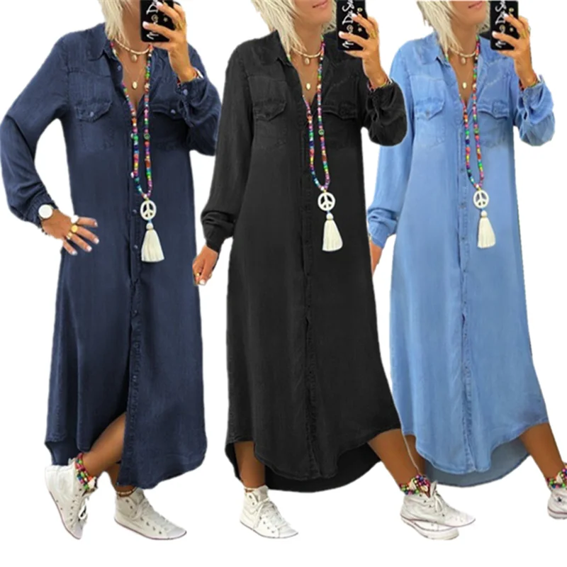 Autumn Long Dress Long Sleeve Shirt Women's Denim Long Dress Pocket Button Shirt Casual Loose Elegant Dress Vestido S-5XL
Autumn Long Dress Long Sleeve Shirt Women's Denim Long Dress Pocket Button Shirt Casual Loose Elegant Dress Vestido S-5XL