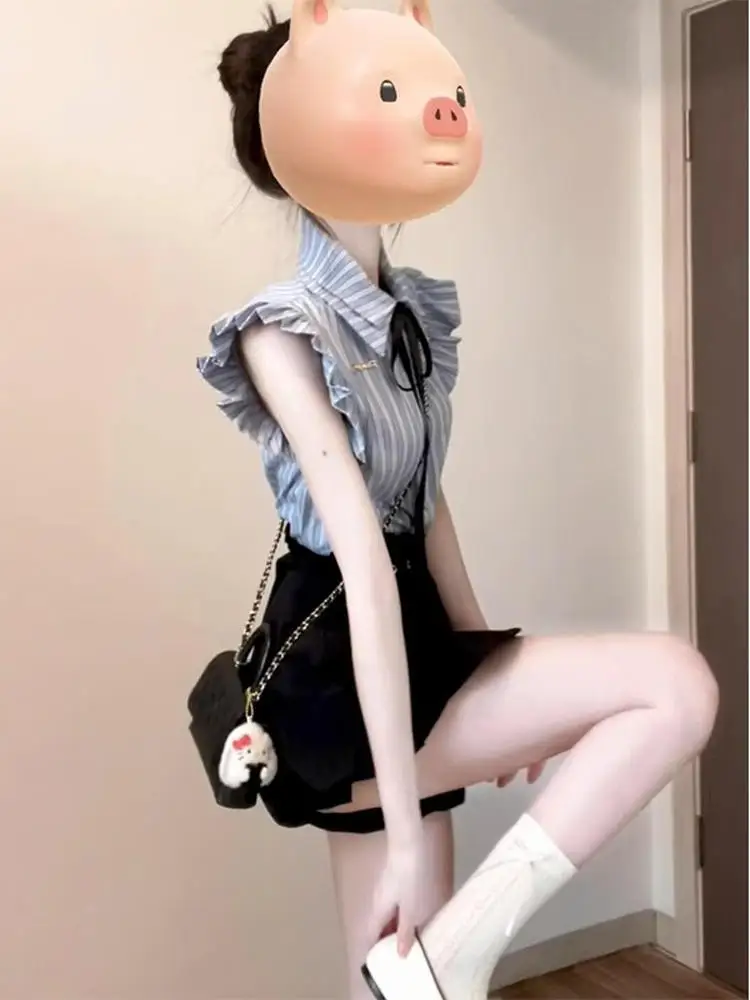 Blue Striped Bloomer Short Skirt Set Korean Style Ageless Fashion Two-Piece Suit with Flying Sleeves Floral Print round Neck
Blue Striped Bloomer Short Skirt Set Korean Style Ageless Fashion Two-Piece Suit with Flying Sleeves Floral Print round Neck