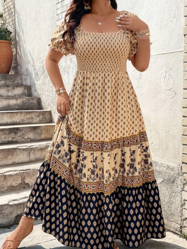 Bohemian Ethnic Print Short Sleeve Dress Plus Size Women Loose Casual Vacation Midi Dress
Bohemian Ethnic Print Short Sleeve Dress Plus Size Women Loose Casual Vacation Midi Dress