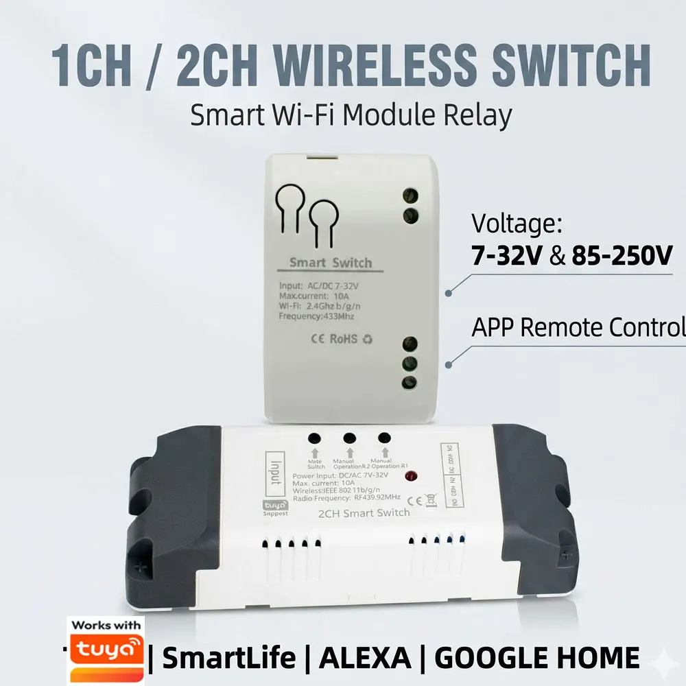 1/2CH Wireless Switch Module Relay AC DC 7-32V 85-250V 12V 24V 220V APP Remote Control Alexa Google Home SmartLife For Tuya
1/2CH Wireless Switch Module Relay AC DC 7-32V 85-250V 12V 24V 220V APP Remote Control Alexa Google Home SmartLife For Tuya