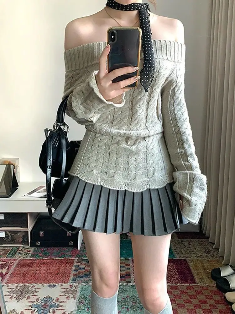 Korejpaa Knitwear Pull Femme Elegant Autumn New Slimming Slash Neck Off Shoulder Knitted Sweater Women Gentle Casual Pullover
Korejpaa Knitwear Pull Femme Elegant Autumn New Slimming Slash Neck Off Shoulder Knitted Sweater Women Gentle Casual Pullover