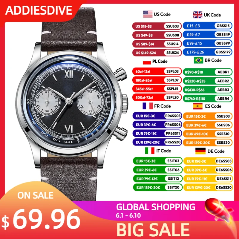 ADDIESDIVE 38mm Quartz Chronograph Watch For Men Stainless Steel 100m Waterproof Wristwatch Dome Mirror VK64 Men‘s Watch
ADDIESDIVE 38mm Quartz Chronograph Watch For Men Stainless Steel 100m Waterproof Wristwatch Dome Mirror VK64 Men‘s Watch