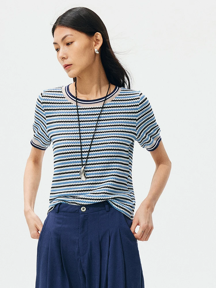 Вязаная футболка в темно-синюю полоску с дикой отделкой и 3D текстурой, эластичная летняя футболка из полиэстера и спандекса ort Sve round Ne Casual Fit
Вязаная футболка в темно-синюю полоску с дикой отделкой и 3D текстурой, эластичная летняя футболка из полиэстера и спандекса ort Sve round Ne Casual Fit