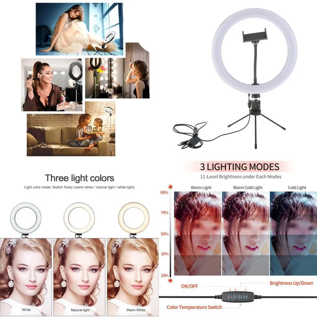 10-дюймовый светодиодный кольцевой светильник с подставкой и держателем для телефона, настольный кольцевой светильник с регулируемой яркостью на 120 ламп для видео
10-дюймовый светодиодный кольцевой светильник с подставкой и держателем для телефона, настольный кольцевой светильник с регулируемой яркостью на 120 ламп для видео