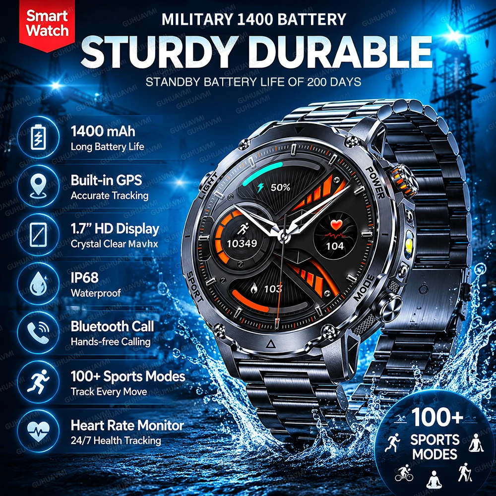 Tactical Military 1400mAh Big Battery Smart Watch Men with GPS Call SOS 1.7"AMOLED Rugged Outdoor Smartwatch for Diving Swim Ms.
Tactical Military 1400mAh Big Battery Smart Watch Men with GPS Call SOS 1.7"AMOLED Rugged Outdoor Smartwatch for Diving Swim Ms.