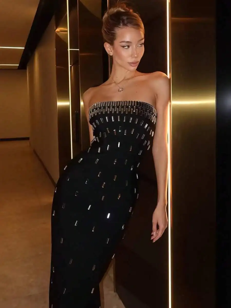 Rhinestone Embellished Strapless Maxi Dress Women Bodycon Evening Gown Slim Fit Formal Party Dress
Rhinestone Embellished Strapless Maxi Dress Women Bodycon Evening Gown Slim Fit Formal Party Dress
