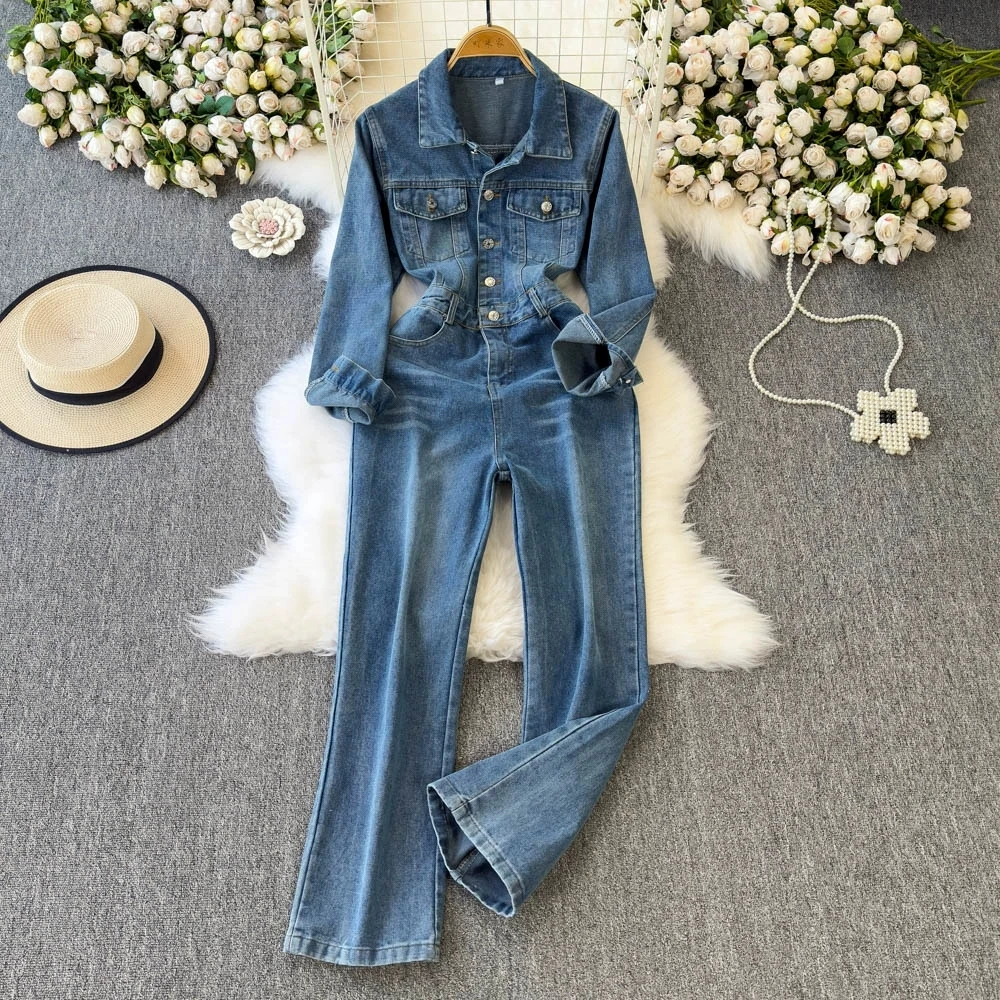 Women Long-sleeved Denim Jumpsuit Women's NewHigh-waisted Slimming Wide-leg Straight Leg Romers
Women Long-sleeved Denim Jumpsuit Women's NewHigh-waisted Slimming Wide-leg Straight Leg Romers