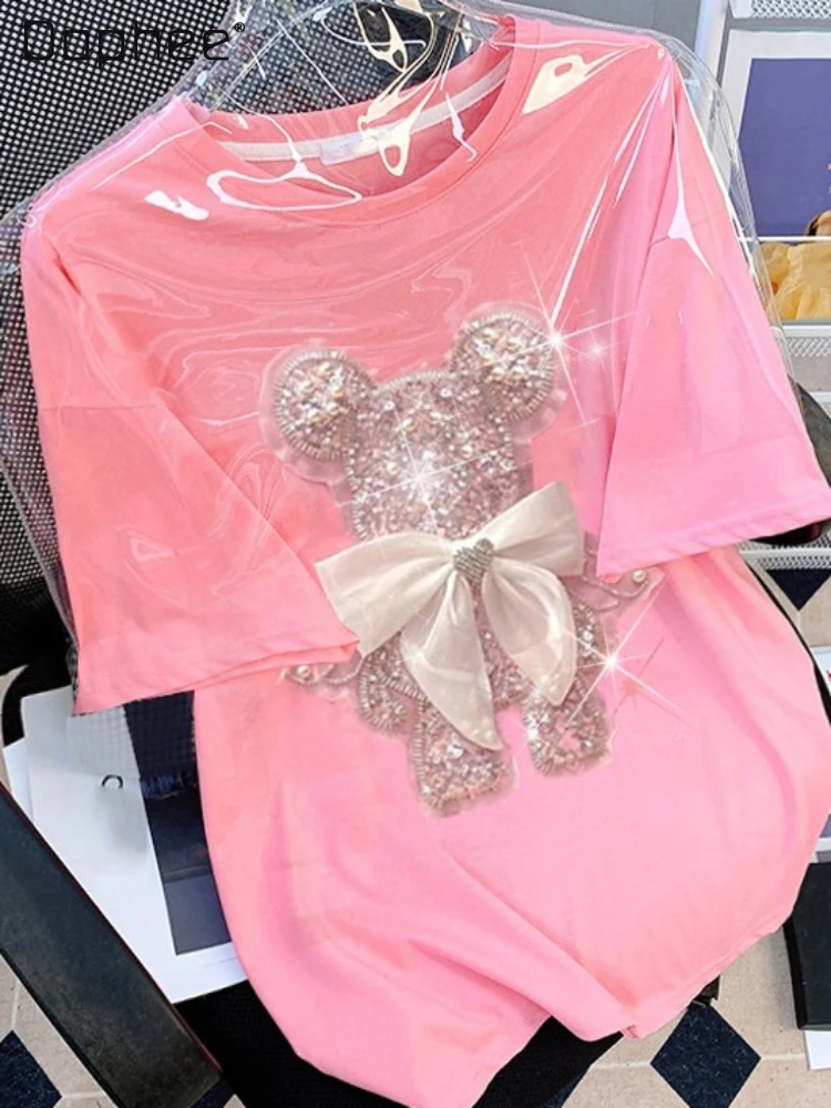 Kawaii Clothes Three-Dimensional Bow Bear T-shirt Women's 2023 Summer New Fashion Round Neck Short-Sleeve Sequined Beaded Top
Kawaii Clothes Three-Dimensional Bow Bear T-shirt Women's 2023 Summer New Fashion Round Neck Short-Sleeve Sequined Beaded Top