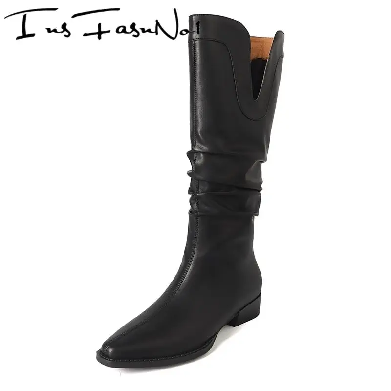 Knee High Genuine Leather Pleated Pointed Toe Hollow Out Women Boots Low Heels Solid Color Slip On Fashion Concise Ladies Shoes
Knee High Genuine Leather Pleated Pointed Toe Hollow Out Women Boots Low Heels Solid Color Slip On Fashion Concise Ladies Shoes