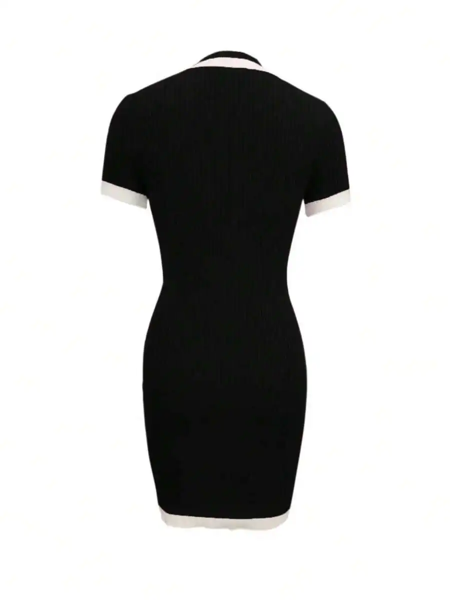 Women Short Sleeve Ribbed Knit Fitted Sweater Dress Black Color Block Trim Spring
Women Short Sleeve Ribbed Knit Fitted Sweater Dress Black Color Block Trim Spring