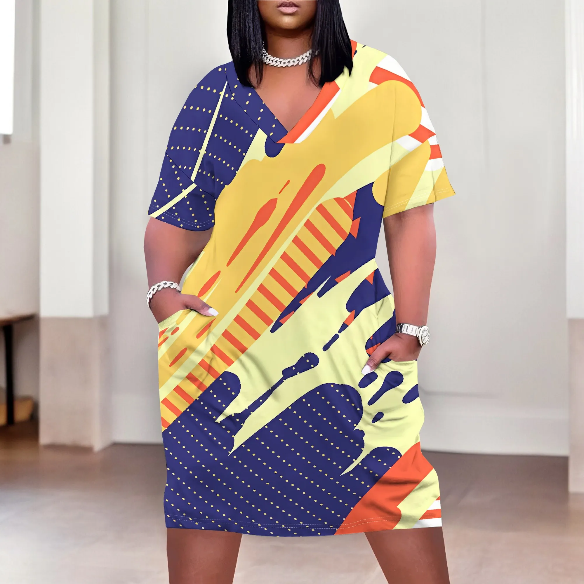 Plus Size Abstract Brushstroke Print Dress Colorful V Neck Casual Summer Loose Midi Dress With Pockets
Plus Size Abstract Brushstroke Print Dress Colorful V Neck Casual Summer Loose Midi Dress With Pockets
