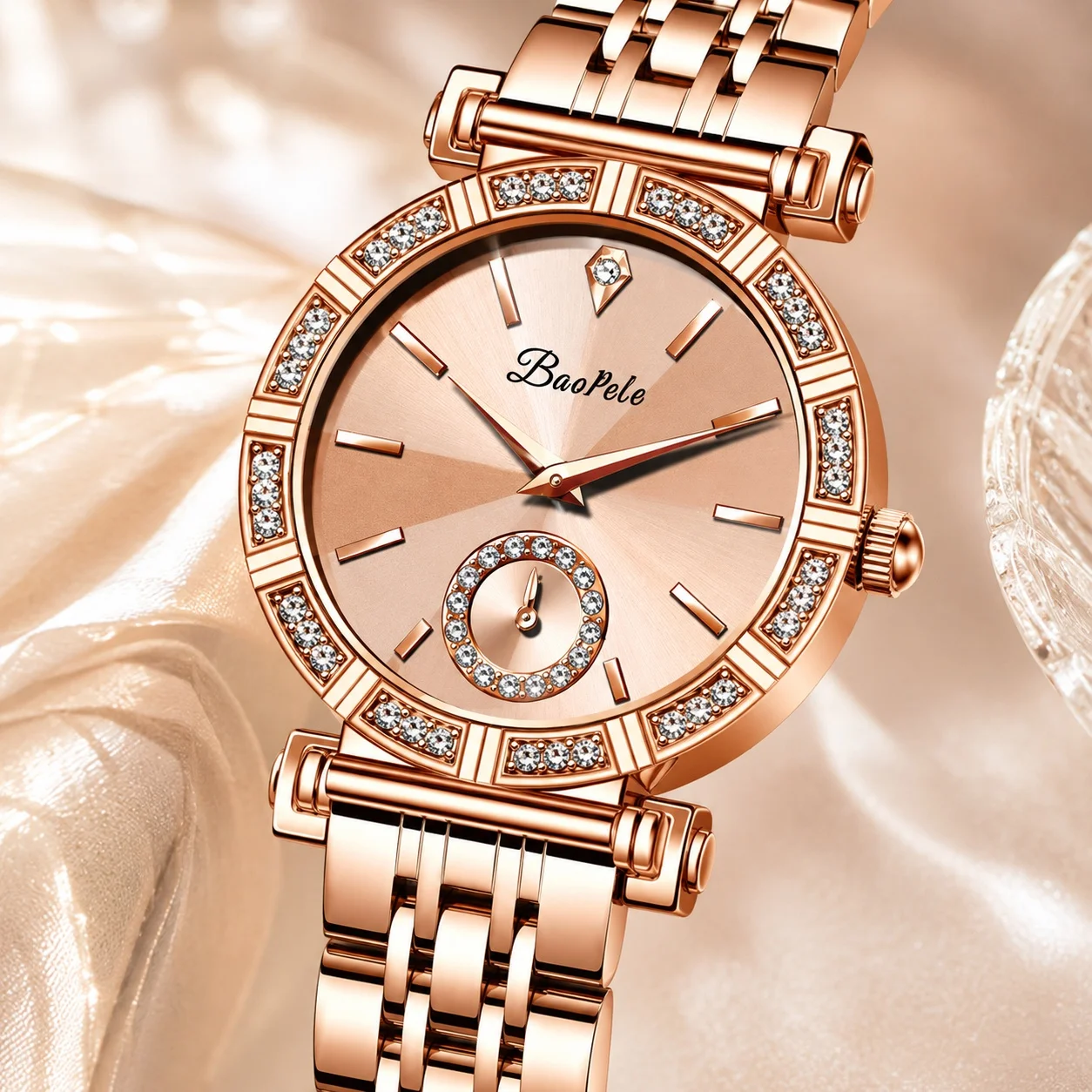 Women Quartz Watch Rose Gold Stainless Steel Bracelet Rhinestone Bezel Small Second Dial Luxury Fashion Wristwatch
Women Quartz Watch Rose Gold Stainless Steel Bracelet Rhinestone Bezel Small Second Dial Luxury Fashion Wristwatch