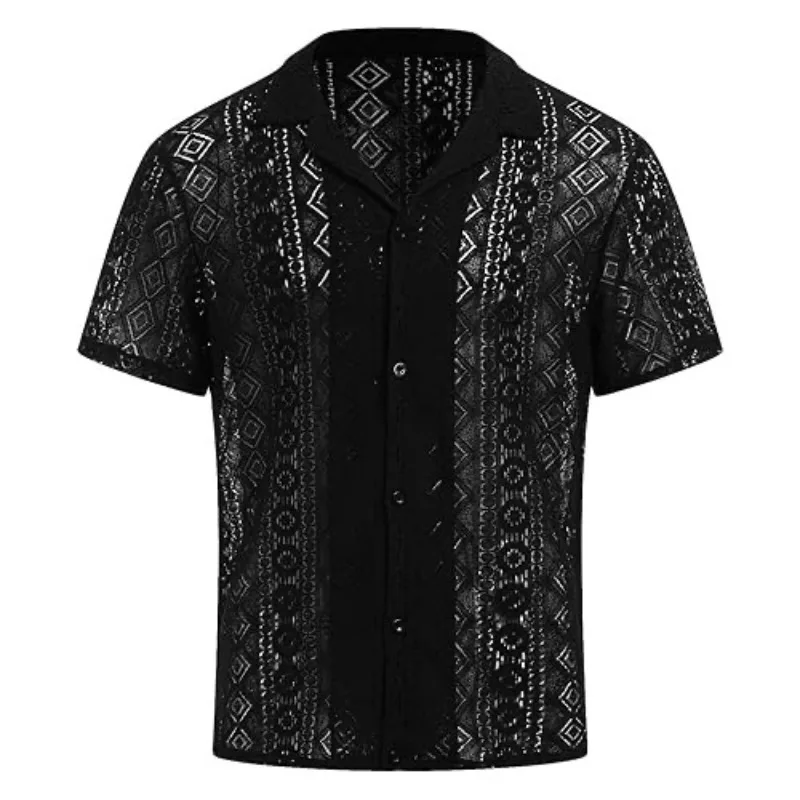 Holiday Casual Cutout Top Men’s Wear New European and American Fashion Men's Lace Short-sleeved Shirt with See-through Buttons
Holiday Casual Cutout Top Men’s Wear New European and American Fashion Men's Lace Short-sleeved Shirt with See-through Buttons