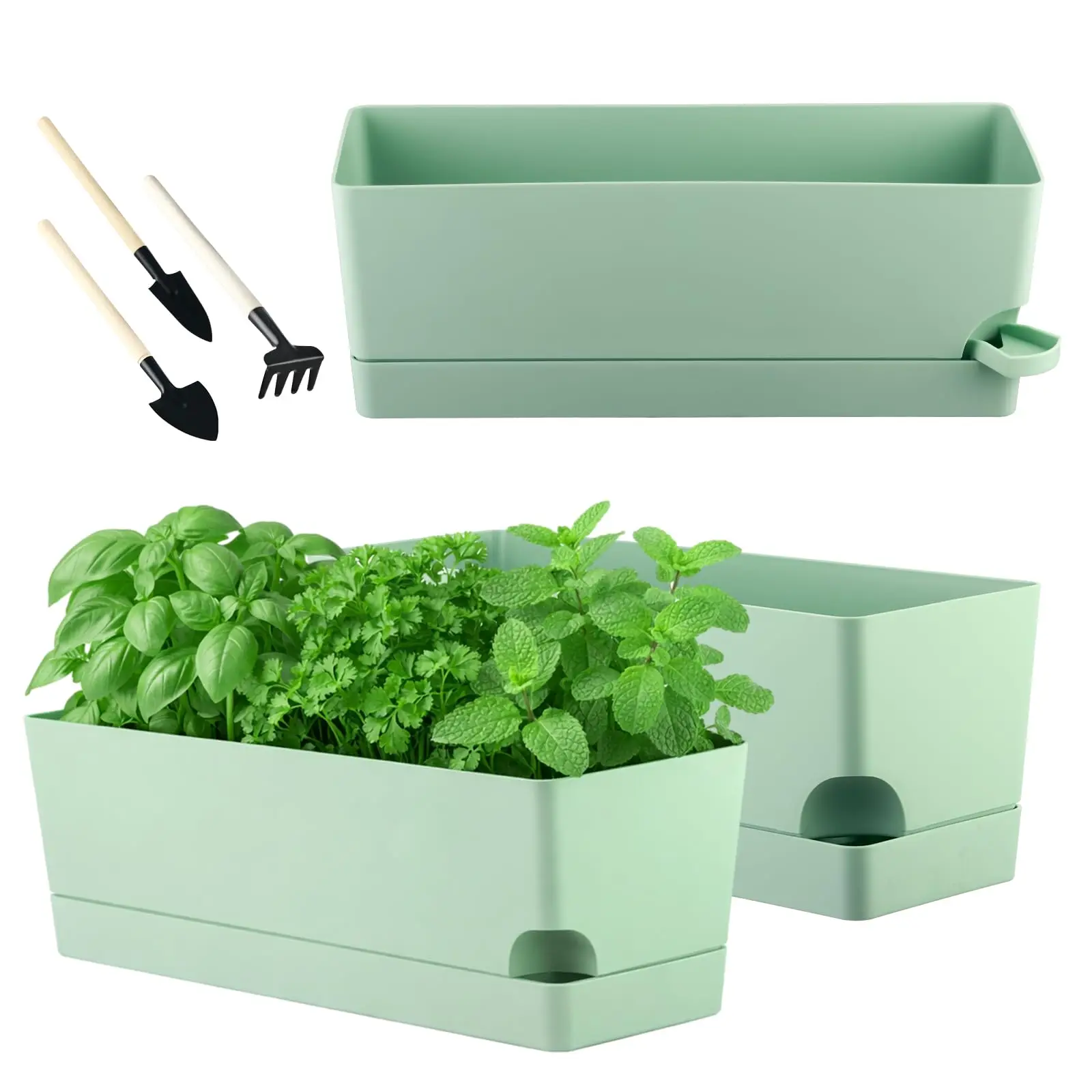 Mint Green Self-Watering Rectangular Planters Set With Tools, 17 Inch Indoor Herb Garden Boxes For Windowsill
Mint Green Self-Watering Rectangular Planters Set With Tools, 17 Inch Indoor Herb Garden Boxes For Windowsill