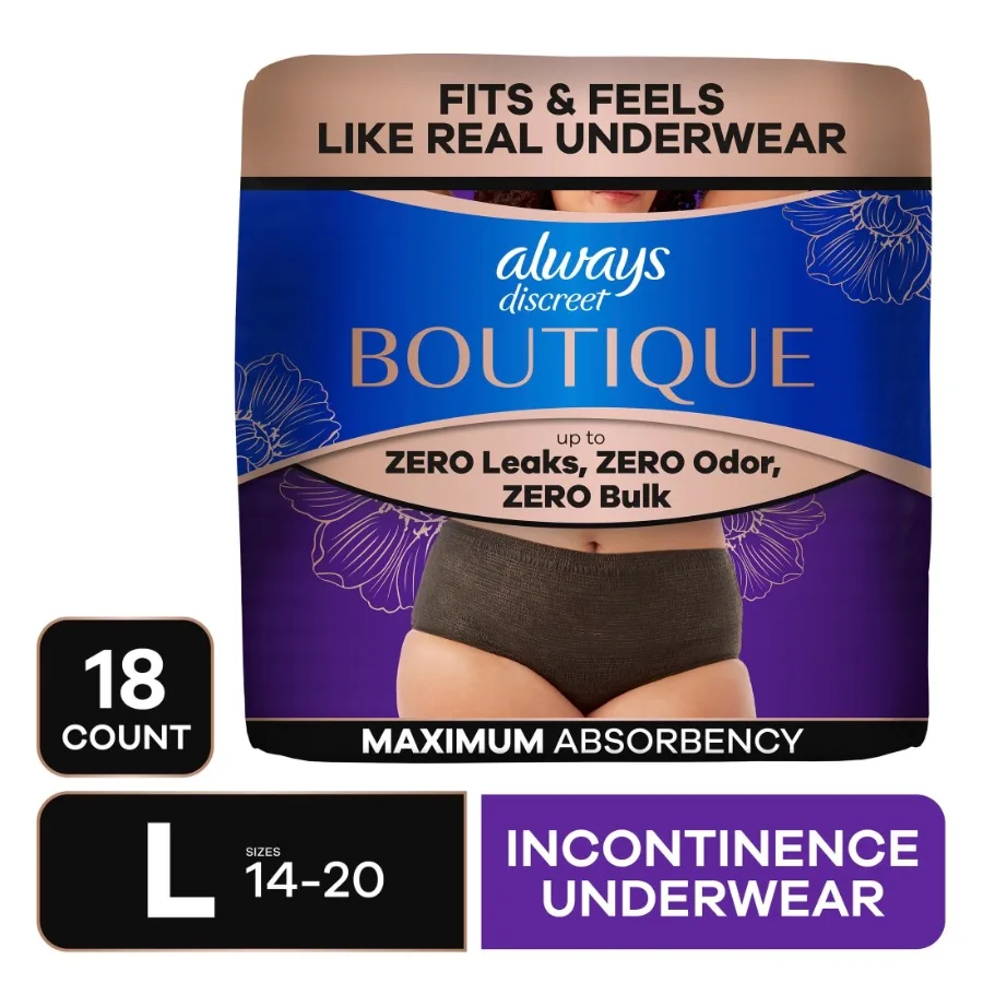 Boutique Incontinence Underwear, Maximum Protection, L, Black, 18 Count
Boutique Incontinence Underwear, Maximum Protection, L, Black, 18 Count