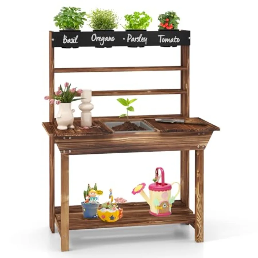 Outdoor kids potting bench for garden use, made of fir wood, natural color, with chalkboard, removable sink, and storage shelve
Outdoor kids potting bench for garden use, made of fir wood, natural color, with chalkboard, removable sink, and storage shelve