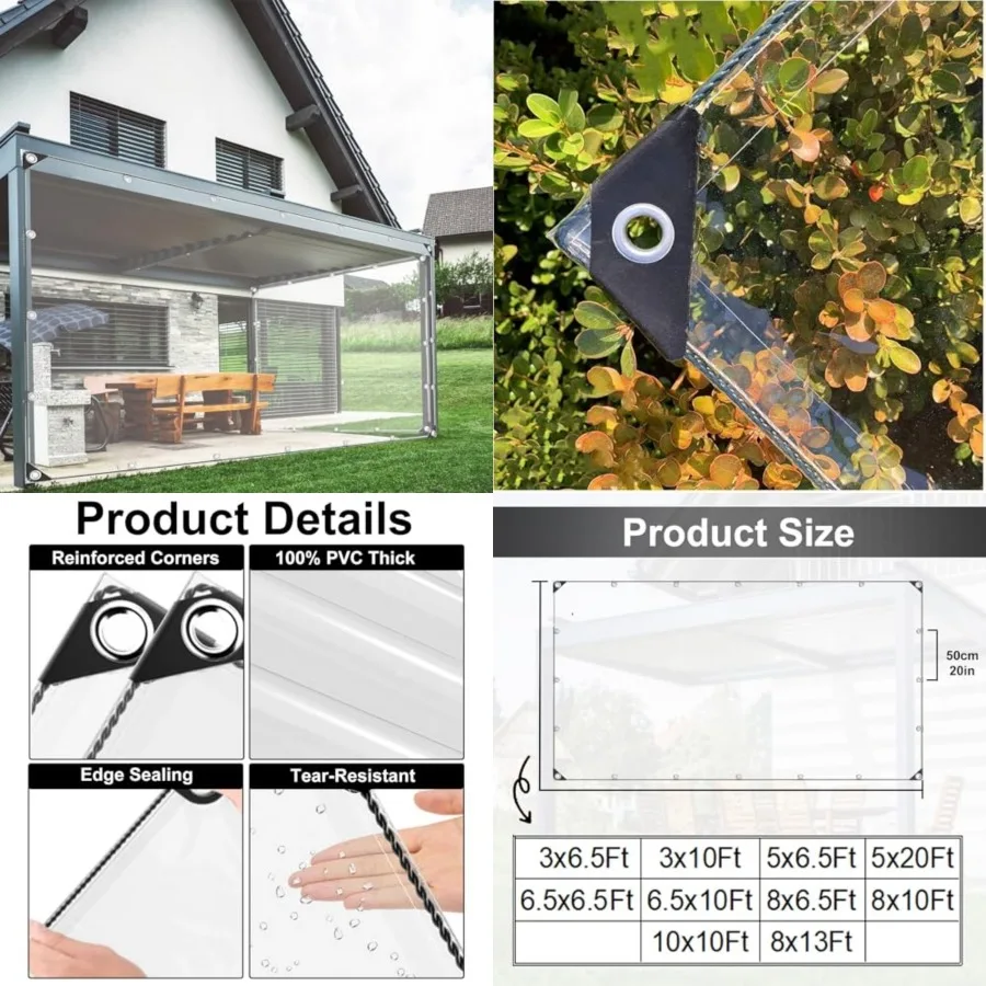 Clear Waterproof Tarp, 10x10FT Heavy Duty Water Resistant Clear Tarps with Grommets, 12Mil Thick Tear-Resistant PVC Vinyl Trans
Clear Waterproof Tarp, 10x10FT Heavy Duty Water Resistant Clear Tarps with Grommets, 12Mil Thick Tear-Resistant PVC Vinyl Trans