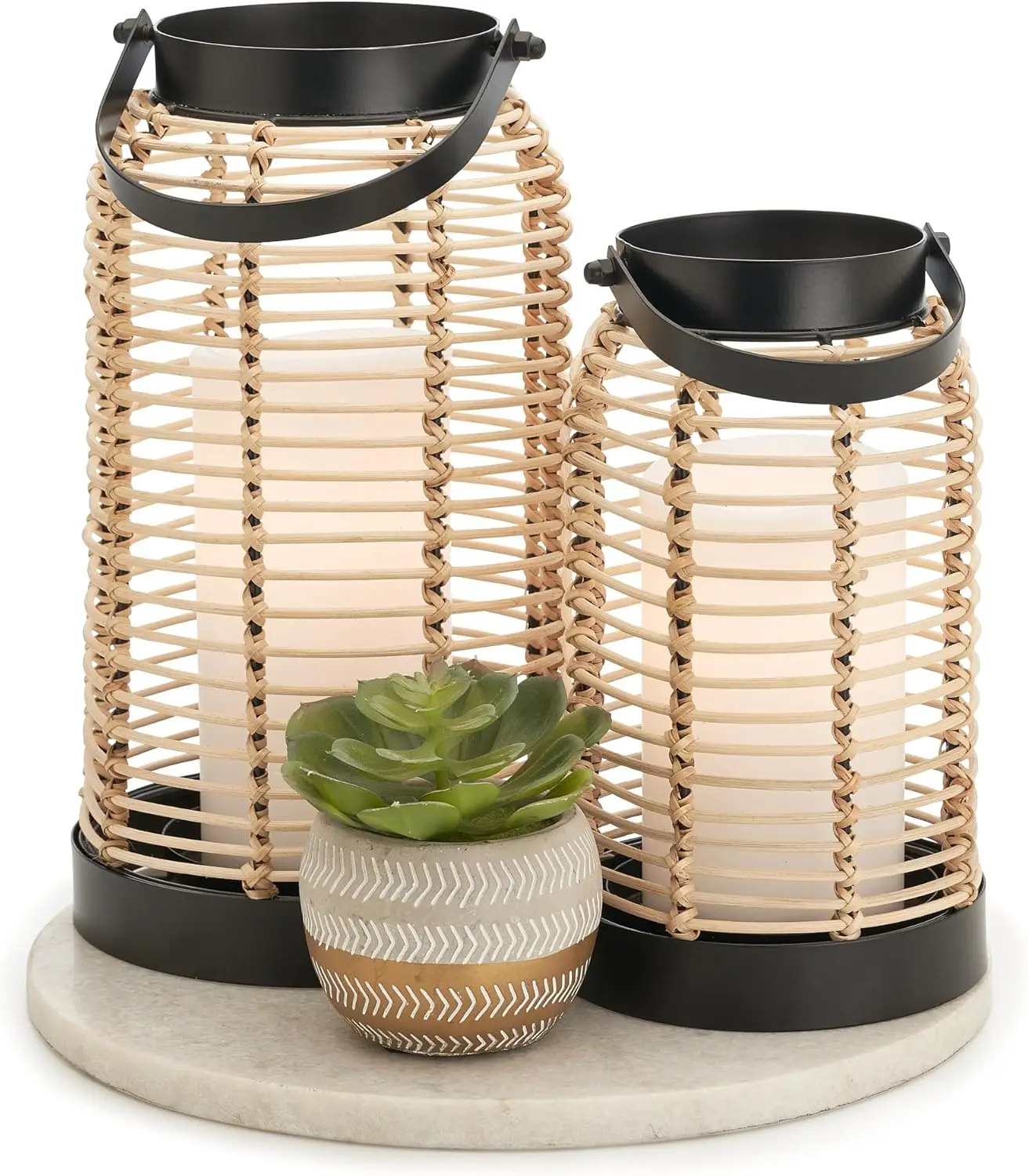 Natural Rattan Boho Lanterns Set of 2 - Handcrafted Farmhouse Decor for Living Room, Patio & Indoor/Outdoor Use
Natural Rattan Boho Lanterns Set of 2 - Handcrafted Farmhouse Decor for Living Room, Patio & Indoor/Outdoor Use
