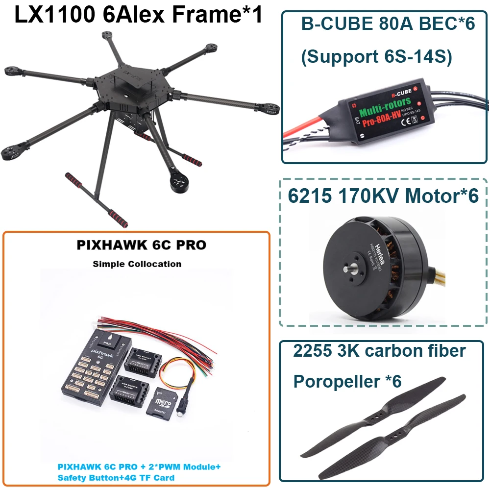 LX1100 PX4 PIXHAWK Комплект управления полетом 6C PRO M8N M9N M10 Полностью углеродное волокно 1100 мм Шестироторная рама B-CUBE 80A ESC 6215 Двигатель
LX1100 PX4 PIXHAWK Комплект управления полетом 6C PRO M8N M9N M10 Полностью углеродное волокно 1100 мм Шестироторная рама B-CUBE 80A ESC 6215 Двигатель