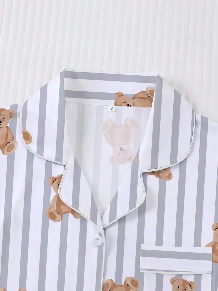 Womens Bear Print Striped Sleepwear Set Short Sleeve Button Shirt Collar Elastic Shorts Loungewear
Womens Bear Print Striped Sleepwear Set Short Sleeve Button Shirt Collar Elastic Shorts Loungewear