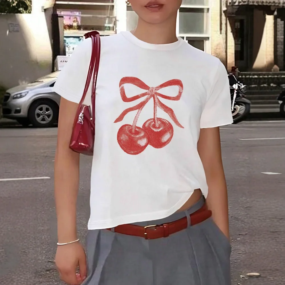 T-Shirts Summer K-Style Solid Color Bowknot Cherry Print Short Sleeve Round Neck Regular Fit Daily T-Shirts For Women
T-Shirts Summer K-Style Solid Color Bowknot Cherry Print Short Sleeve Round Neck Regular Fit Daily T-Shirts For Women