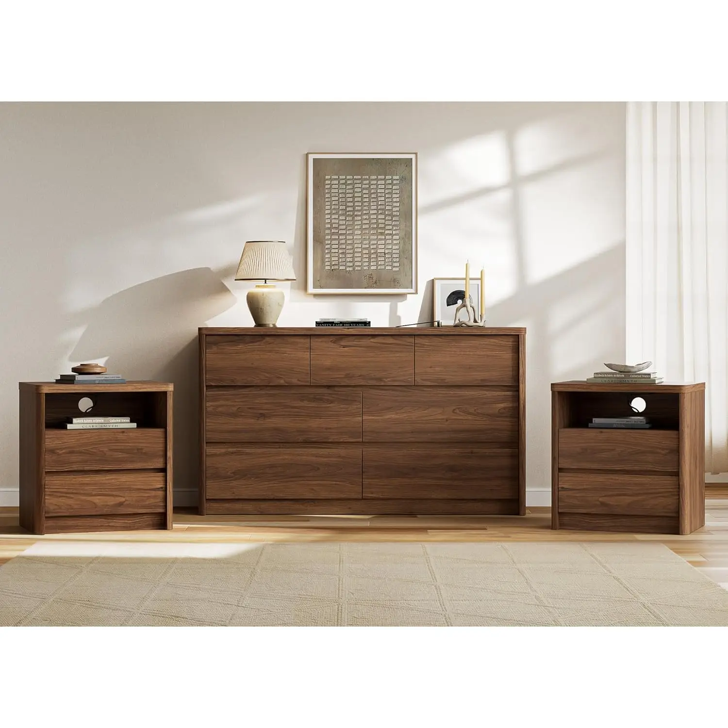 3 Pieces Bedroom Set, 55 Inch Width 7-Drawer Dresser & 2-Drawer Nightstands Set of 2,Nightstand with USB Nightstand, Customized
3 Pieces Bedroom Set, 55 Inch Width 7-Drawer Dresser & 2-Drawer Nightstands Set of 2,Nightstand with USB Nightstand, Customized