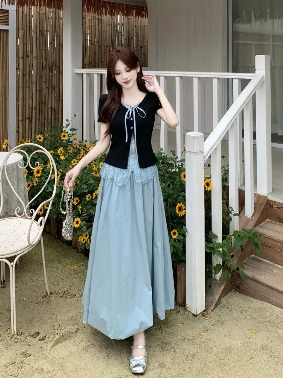plus Size Women's Lace Splice Knitted T-Shirt Short Sleeve High Waist A-Line Skirt Two-Piece Set Summer New Style Commute Kor...
plus Size Women's Lace Splice Knitted T-Shirt Short Sleeve High Waist A-Line Skirt Two-Piece Set Summer New Style Commute Kor...