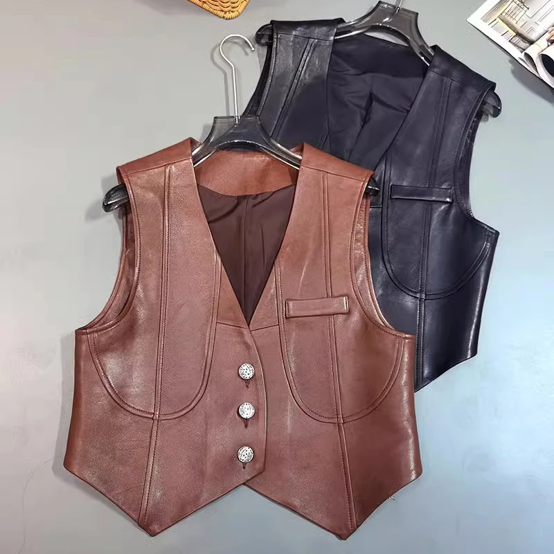 100% Real Leather Waistcoat Coats for Women Spring Summer V-neck Short Sleeveless Vest Fashion Female Short Sheepskin Vest Tops
100% Real Leather Waistcoat Coats for Women Spring Summer V-neck Short Sleeveless Vest Fashion Female Short Sheepskin Vest Tops
