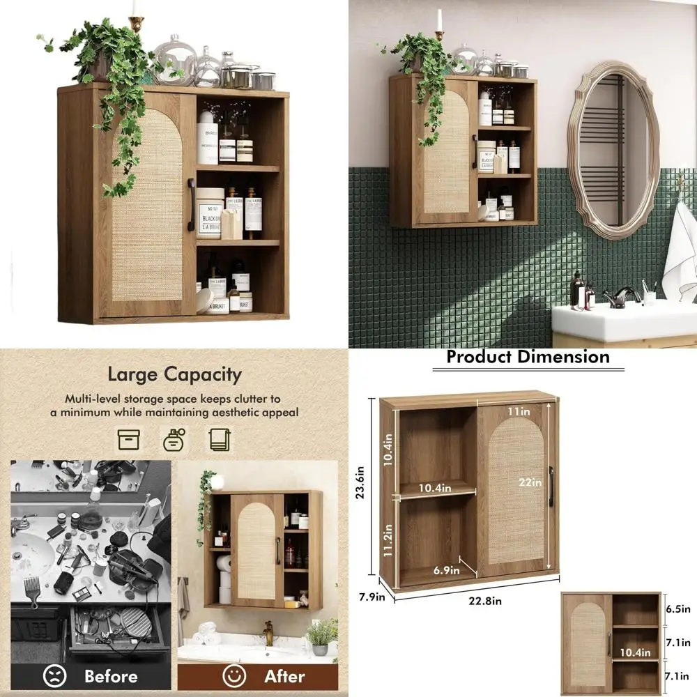 Mid-Century Style Rattan Wall Cabinet with Sliding Door, Adjustable Shelves for Over-the-Toilet Storage in Rustic Oak Finish
Mid-Century Style Rattan Wall Cabinet with Sliding Door, Adjustable Shelves for Over-the-Toilet Storage in Rustic Oak Finish